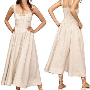 Reformation Sandy Striped Balia Linen  Midi Dress Size 4 Milkmaid Cottagecore